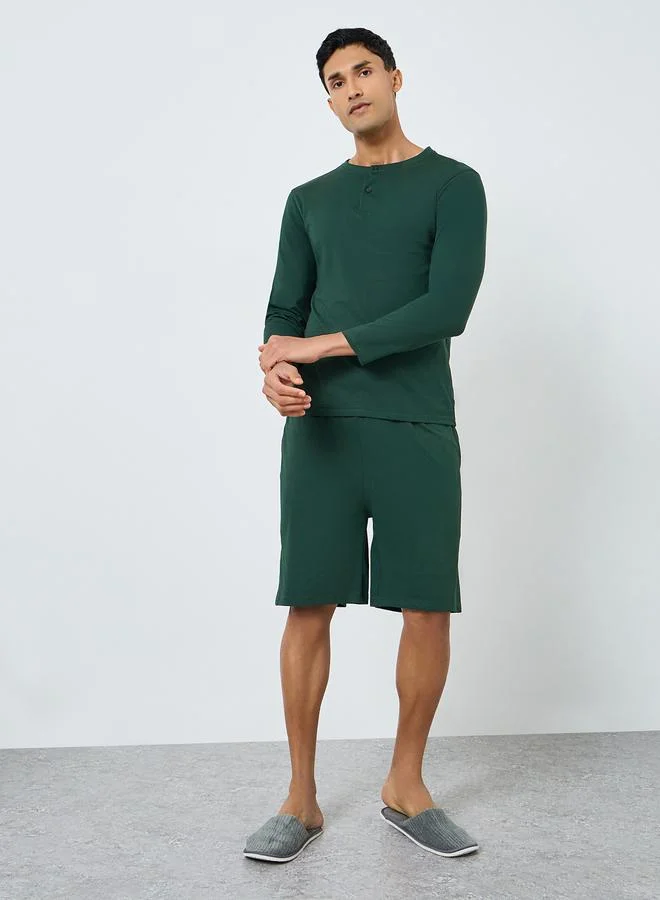 Men Green Long Sleeve T-Shirt and Shorts Pyjama Set